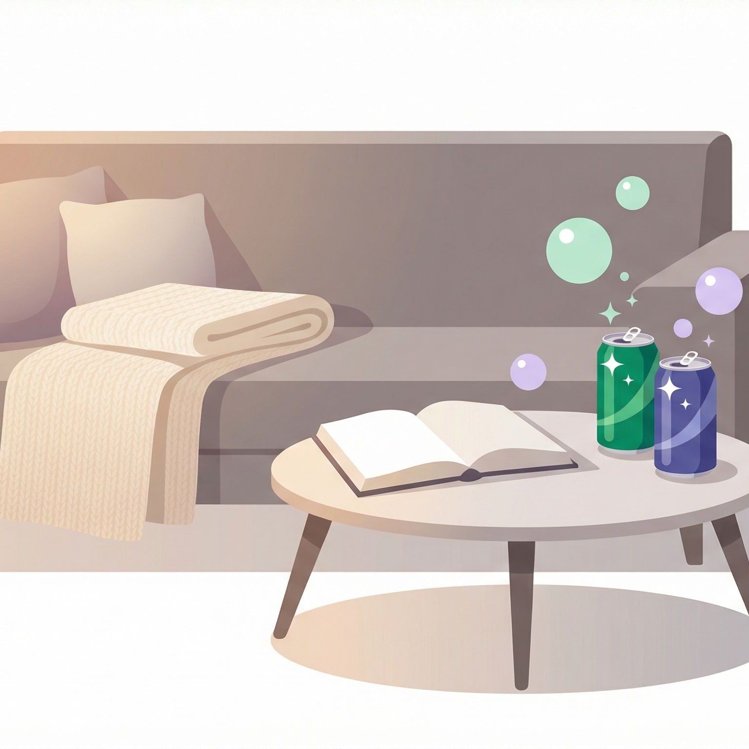 Illustration of a cozy living room with a sofa, coffee table, and drinks.